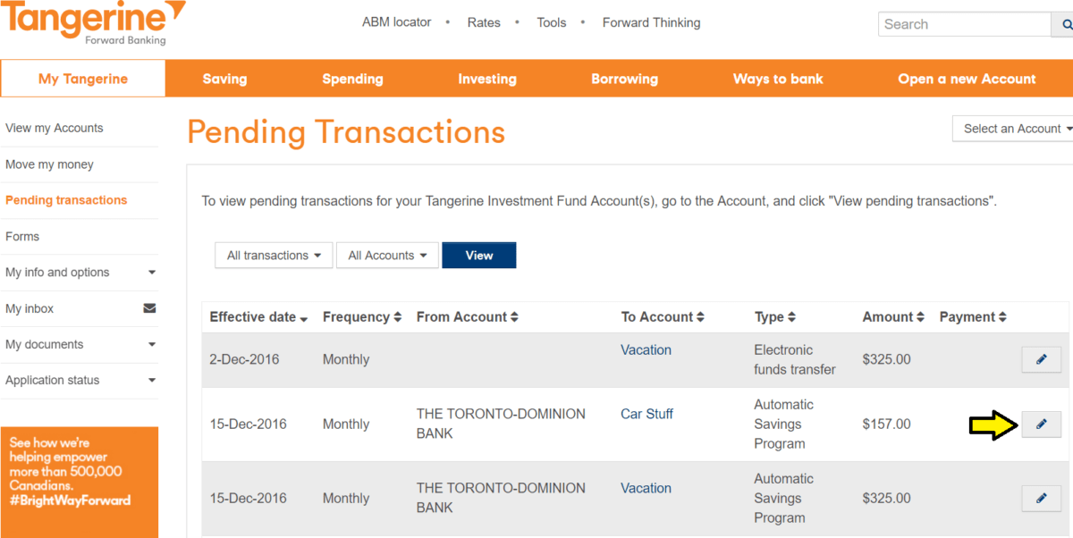 Automatic Savings Program with Tangerine pending transactions