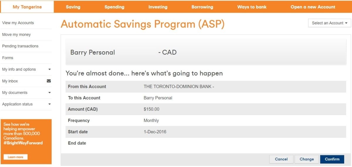 Automatic Savings Program with Tangerine confirmation